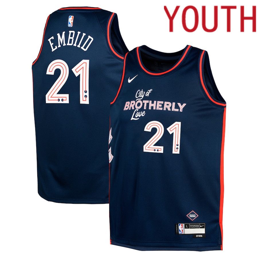 Youth Philadelphia 76ers 21 Joel Embiid Nike Navy City Edition 2023-24 Swingman Replica NBA Jersey